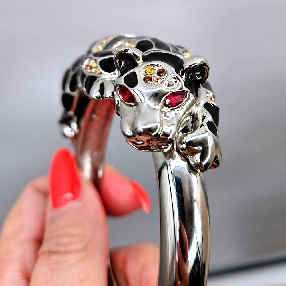 Silver Tone‎ Panther Bangle Bracelet Black Enamel Red Crystal Eye Slip On Cuff